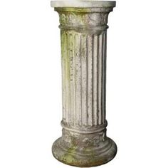 an old stone pedestal with a planter in the top and bottom, isolated against a white background