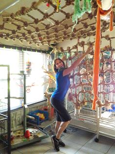 a woman standing in front of a cage full of bird cages and hanging them from the ceiling