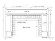 an architectural drawing of a fireplace with measurements for the top and bottom sections, including the mantle