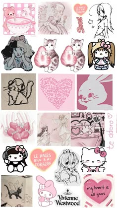 many different types of stickers on a white surface with pink and black inks