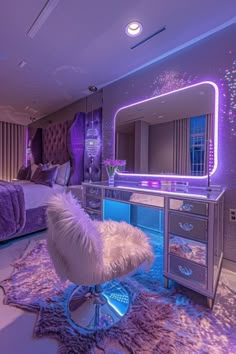 a bedroom with purple lighting and a white chair in front of a mirror on the wall