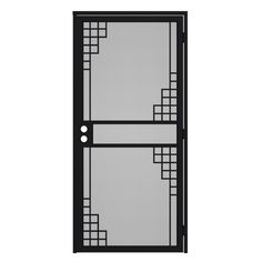 an image of a black and white door with squares on the glass, as well as circles