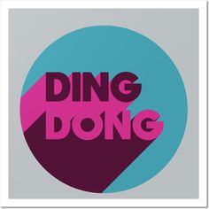 the words ding dong in pink and blue on a grey background with a circular shape