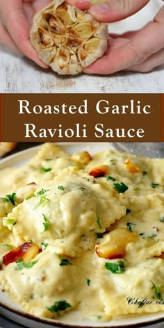 You will love this ravioli with this dreamy, creamy garlic sauce! Small Portion Meal Recipes, Homemade Ravioli Sauce Recipe, Rana Chicken And Roasted Garlic Ravioli, Stuffed Ravioli Recipes Sauces, Heart Ravioli Recipe, Meals With Onions, Ravioli Lemon Butter Sauce, Roasted Garlic Recipes Dinners, Ravioli Recipe Videos