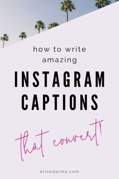 the words how to write amazing instagram captions that convert with palm trees in the background