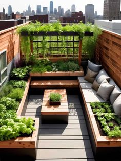 an outdoor seating area with lots of plants on the top floor and wooden benches below