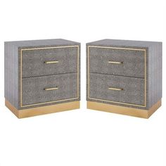 two grey and gold nightstands with drawers on each side, one is open to show the