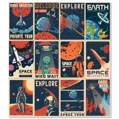 the space travel poster is shown in four different colors and sizes, including an astronaut's