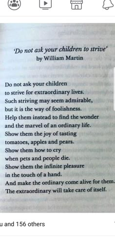 an open book with the words do not ask your children to arrive by william martin