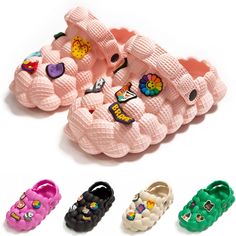 children's shoes with buttons and bows on the bottom are shown in different colors