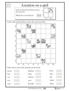 a worksheet with the words location on a grid and an image of animals