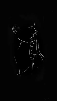 a black and white drawing of a man kissing a woman's face in the dark