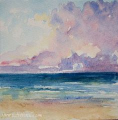 watercolor painting of clouds over the ocean