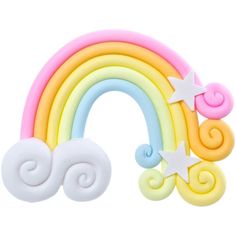 a close up of a rainbow with stars and swirls on the side, in front of a white background