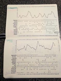 two notebooks with numbers and graphs on them