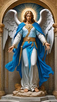 an angel statue with blue robes and wings