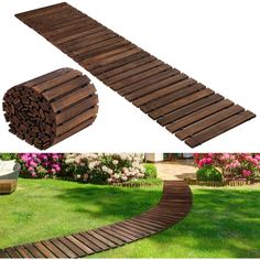 a wooden walkway in the middle of some grass