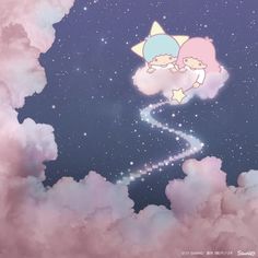 two cartoon characters are flying in the sky with stars and clouds around them, one is holding a star