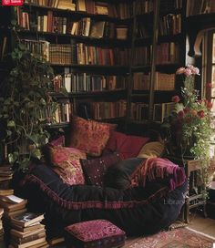 a living room filled with lots of furniture and bookshelves full of books on top of them