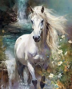 a painting of a white horse running in the water with flowers around it and a waterfall behind it