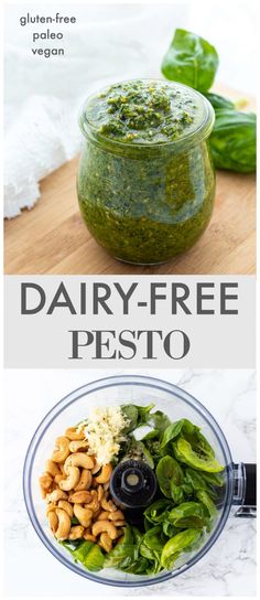 the ingredients to make dairy - free pesto in a food processor are shown here