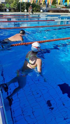 two swimmers in the pool wearing goggles and swimming caps, with their backs turned to the camera