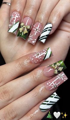 the manies are decorated with christmas decorations and bows on them, while the nails have been