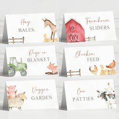 four greeting cards with farm animals on them and the words, hay bales, barn, chicken, pig, blanket, tractor