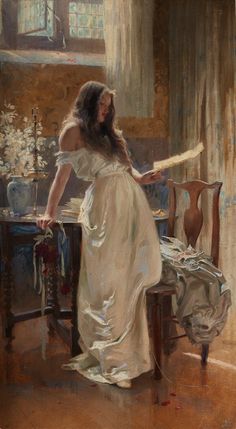 a painting of a woman in a white dress standing at a table with a fan