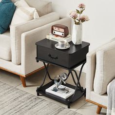 a living room with two couches and a coffee table in the middle on carpeted flooring