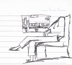 a drawing of a person sitting at a desk with his feet up on the table