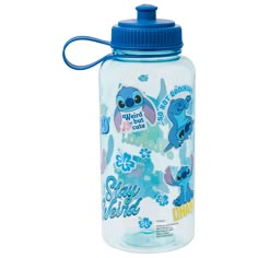 a water bottle with stickers on the lid and blue cap, sitting in front of a white background