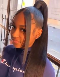 Slick Ponytail With Two Bangs, 16 Inch Ponytail Weave, Ponytail With 2 Strands Out, Long Pony Tailed Hairstyle Black Women, High Ponytail With Two Strands Out, Straight Ponytail Hairstyles For Black Women, Ponytail With Rhinestones, Straight Ponytail Black Women, Ponytail Hairstyles Straight