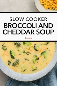 a bowl of broccoli and cheddar soup on top of a table