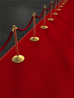 a red carpet with gold poles and ropes on each side, leading to a red carpeted area