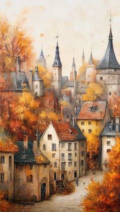 a painting of an old european town in autumn