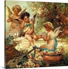 three cherubs sitting on a bench surrounded by flowers and trees, one holding a bow