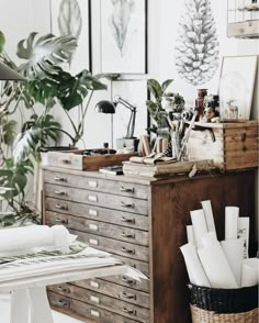 a desk with many items on it in a room filled with plants and other things