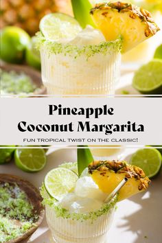 two glasses filled with pineapple coconut margarita cocktails