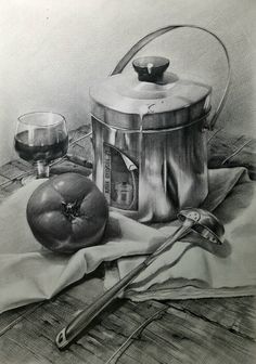 a drawing of an apple, pot and knife on a cloth with a glass of wine next to it