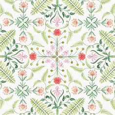 a floral pattern with green and pink flowers on white paper, in the middle of a square