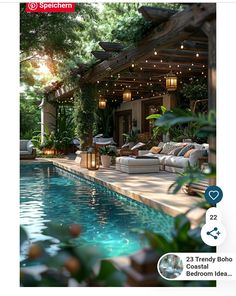 an image of a pool in the middle of a house with lights hanging from it's roof