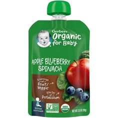 an organic baby food pouch with blueberries and apples