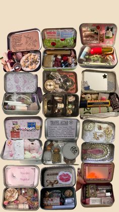 an assortment of small tins filled with lots of different types of things in them