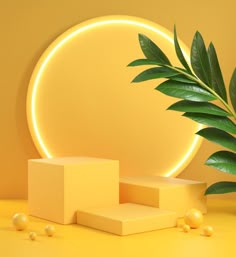 a plant is next to some white cubes on a yellow surface with an orange circle in the background