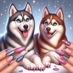 two dogs are sitting next to each other with pink nail polish on their paws and one dog has blue eyes