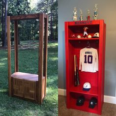 two pictures side by side one has a baseball jersey and the other is a locker