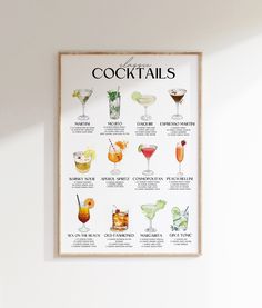 a poster hanging on the wall displaying cocktails