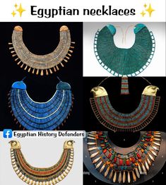 egyptian necklaces are shown in three different colors and designs, including blue, green, gold