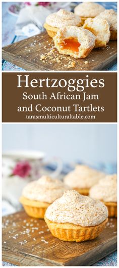 there are many small pastries on the trays with text overlay that reads hertzogies south african jam and coconut tartlets